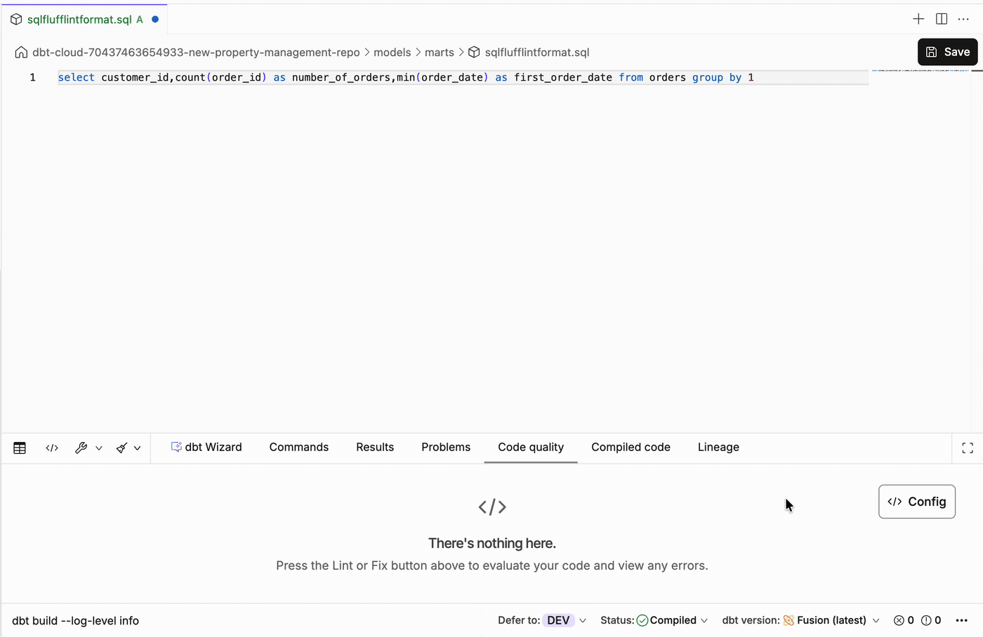 Use sqlfmt to format your SQL code. Use sqlfmt to format your SQL code.